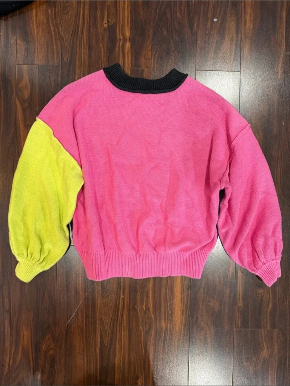 Forever 21 Black Crewneck Sweater with Pink and Lime Sleeves